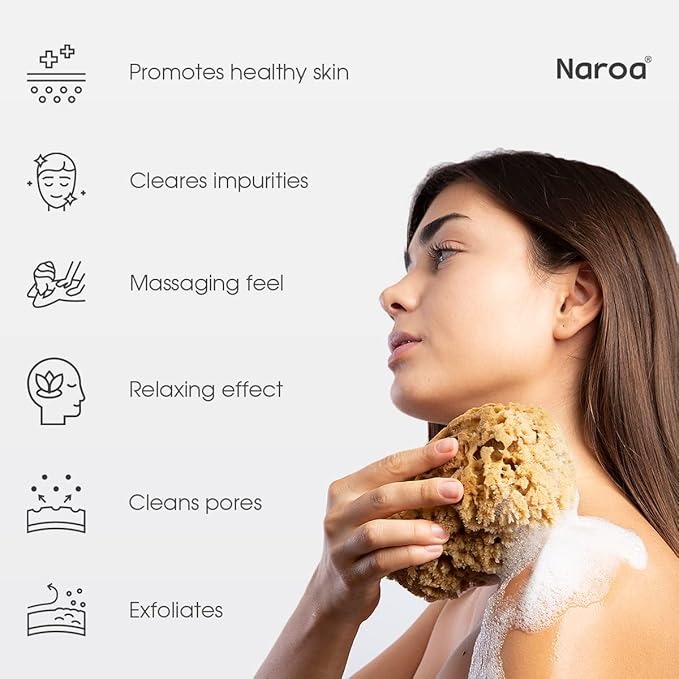 Naroa Massage Natural Shower Sponge X Large | Unbleached Body Scrubber Puff | Bath Sea Loofah for Healthy Skin | Sustainable Plastic Free