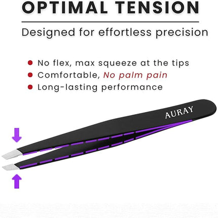 Eyebrow Tweezers Stainless Steel Facial Hair Removal Tweezers for Men & Women in Black with Slanted Tip for Easy Plucking by AURAY