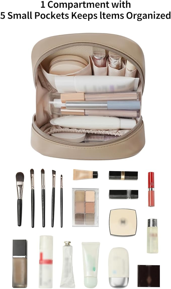 RIGHT AWAY Checkered Makeup Bag for Purse,Small Cosmetic Bag Organizer for Women, Travel Make Up Pouch Waterproof Toiletry Bag Cute Makeup Case for Travel Accessories(Khaki Checkerboard)