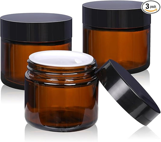 3 Pack Amber Small Glass Cosmetic Jars with Lids, 60 ml Empty Glass Makeup Containers for Sample, Cream, Lotion, Powder (2 OZ)