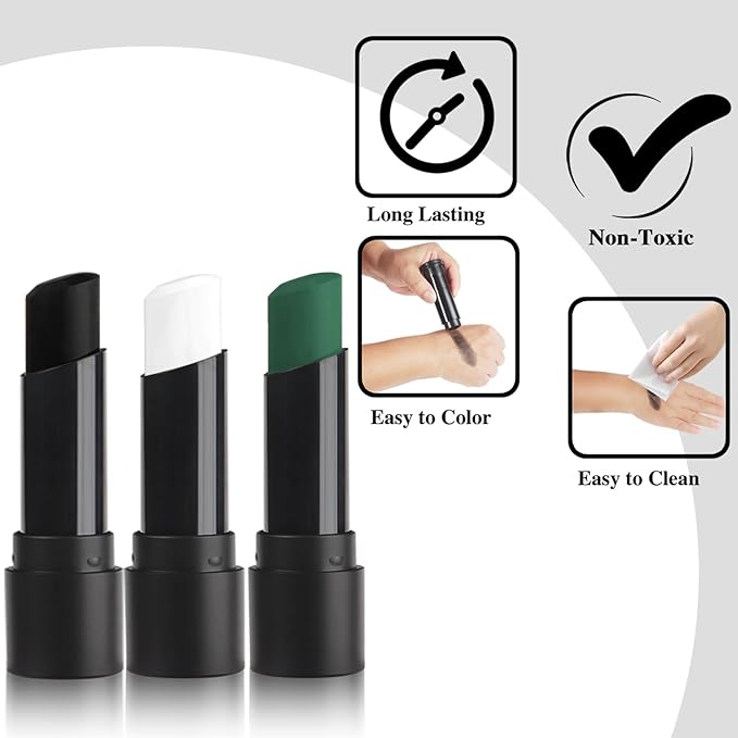 MEICOLY 3PCS Black White and Green Face Body Paint Stick,Waterproof Eye Black Baseball Softball Football,Face Paint Stick for Halloween SFX Cosplay Makeup