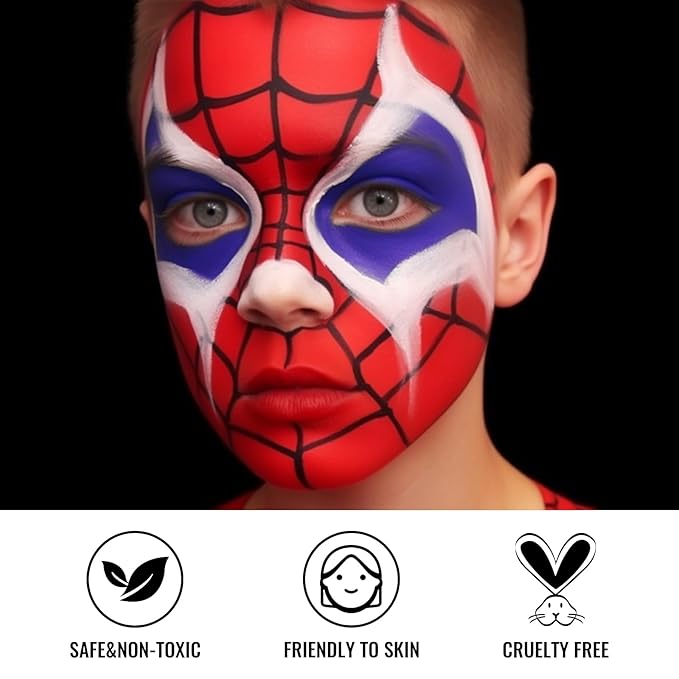 US Flag Red White Blue Face Painting Kit, 3 Colors Facepaint + 3PC Sponge + Brush for Halloween Costume Clown Joker, Eye Black for Sports & 4th of July Independence Day America’s Patriotic Parades
