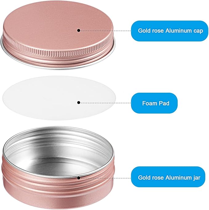 Patelai 2 oz 120 pcs Metal Round Tins Aluminum Tin Cans Salve Tins Containers with Screw Lid 20 Sheets Stickers for Salve Spice Candies Balms Candles (Rose Gold)