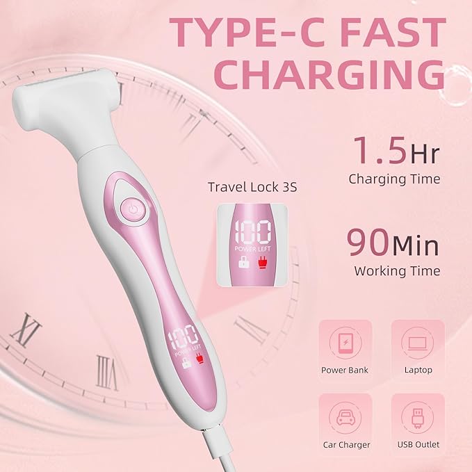 RUIM Electric Razors for Women, 4-in-1 Painless Bikini Trimmer, Rechargeable Wet/Dry Use Shaver with LED Display, Pink