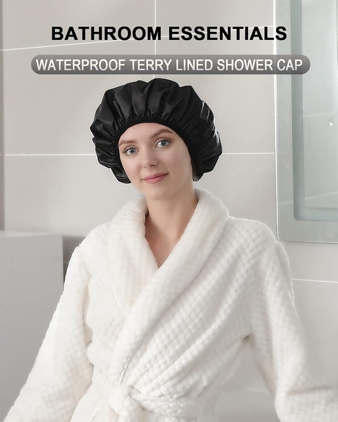 YIZIJIZI Terry Lined Shower Cap,Triple Layer Large Cap for Women,Shower Cap Reusable Waterproof,Long Thick Hair(Black)