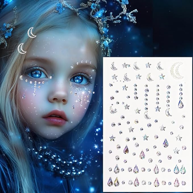 Tear Eye Corners Face Jewels Star Bindi Rhinestone Festival Face Gems Tattoo Decorations Jewels Body Glitter Crystal Sticker Temporary Face Tattoo for Festival Rave Outfit, 2-Pack