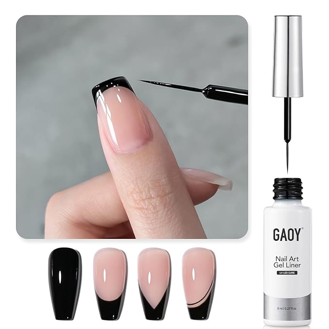 GAOY Black Swirl Gel Nail Polish Art Liner, 8ml Classic Color Nail Paint Design with Thin Brush, UV Light Cure for DIY French Manicure at Home