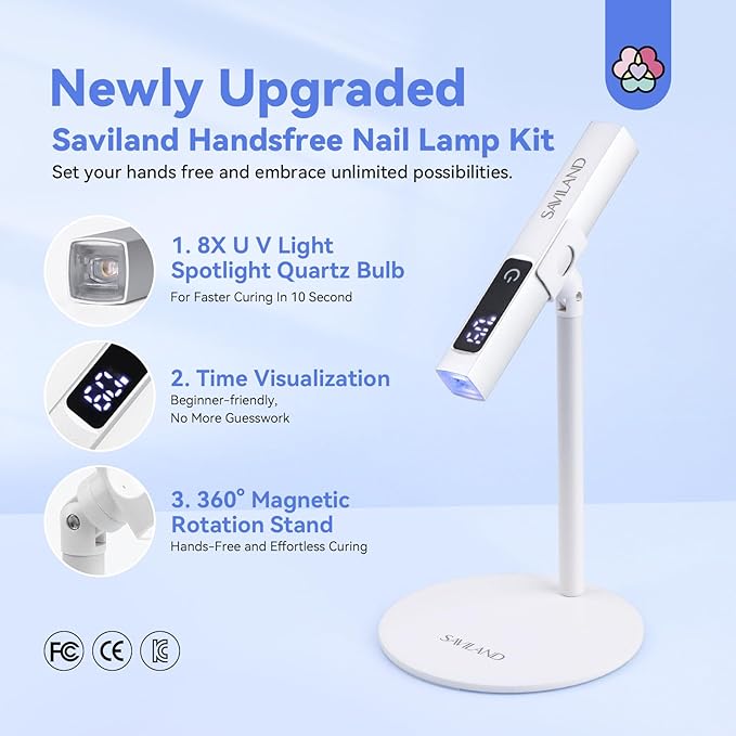 SAVILAND LED U V Light with Magnetic Stand & LCD Screen Portable Nail Lamp Kit Handsfree 2-Timer Modes Portable Mini Nail Dryer Stand for Gel Nails USB Rechargeable and Cordless for Home DIY Manicure