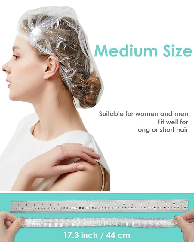 Auban Disposable Shower Cap, 100 PCS Hair Cap Thickening Clear Plastic Waterproof Bath Caps for Hair Treatment, Spa Salon Hotel and Home Use, Portable Travel(17.3)