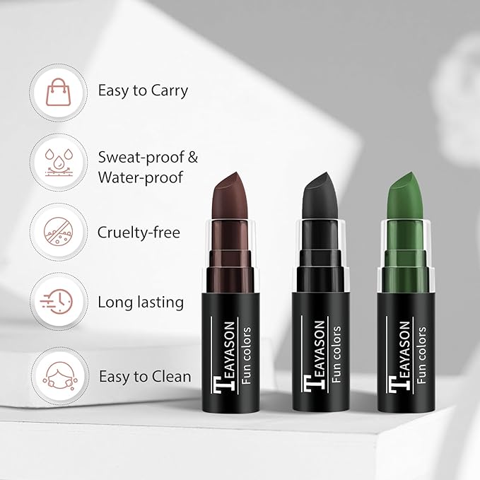 Black Brown Green Face Paint Halloween Makeup Kit, Matte Lipstick Set Football Baseball Eye Black Stick, Body Paint Face Makeup for Halloween Witch Deer Werewolf Face Camo Hunting