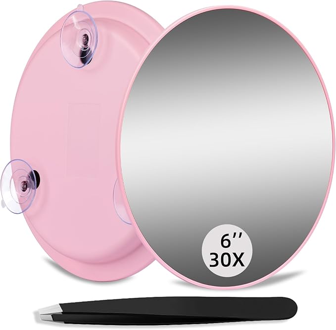 30X Makeup Magnifying Mirror, Round 6inch Travel Magnified Mirror with 3 Suction Cups Mounting, 30X Handheld Travel Magnification and Tweezers Kit - Use for Makeup, Blackhead/Blemish Removal