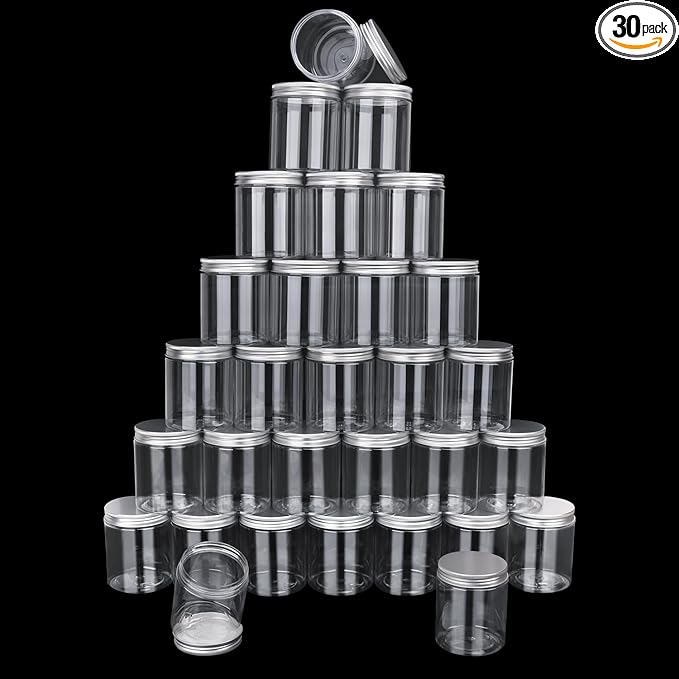 30 Packs 8 oz (250 ml) Clear Plastic Jars with Silver Lids, Cosmetic jars with Wide-Mouth for slime, beads, rhinestones, sequins Cosmetics, Lotion, Cream, Ointments and More