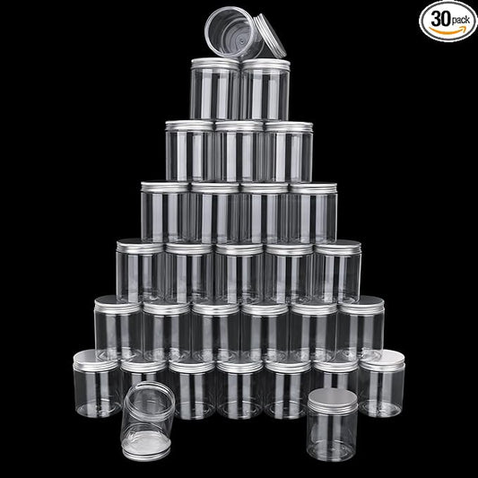 30 Packs 8 oz (250 ml) Clear Plastic Jars with Silver Lids, Cosmetic jars with Wide-Mouth for slime, beads, rhinestones, sequins Cosmetics, Lotion, Cream, Ointments and More