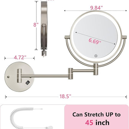 Wall Mounted Makeup Mirror with Lights, 30X/1X Double-Sided Magnifying, Plug-in Lighted Vanity Mirror with 3 Color Modes, Dimmable Brightness, 360° Swivel Extendable Arm for Bathroom & Grooming