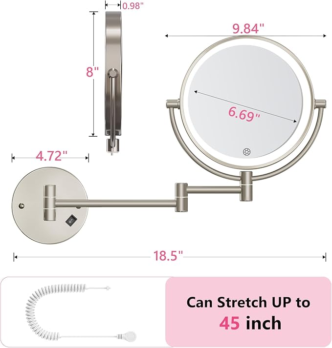 Wall Mounted Makeup Mirror with Lights, 30X/1X Double-Sided Magnifying, Plug-in Lighted Vanity Mirror with 3 Color Modes, Dimmable Brightness, 360° Swivel Extendable Arm for Bathroom & Grooming