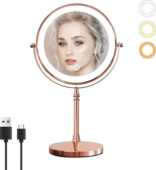 Nicesail 1X/10X Magnifying Mirror with 3 Color Dimmable Lighting, Makeup Mirrors Light up and Magnified with 360 Rotation for Table, Rose Gold(8 Inch, 10X Magnification)