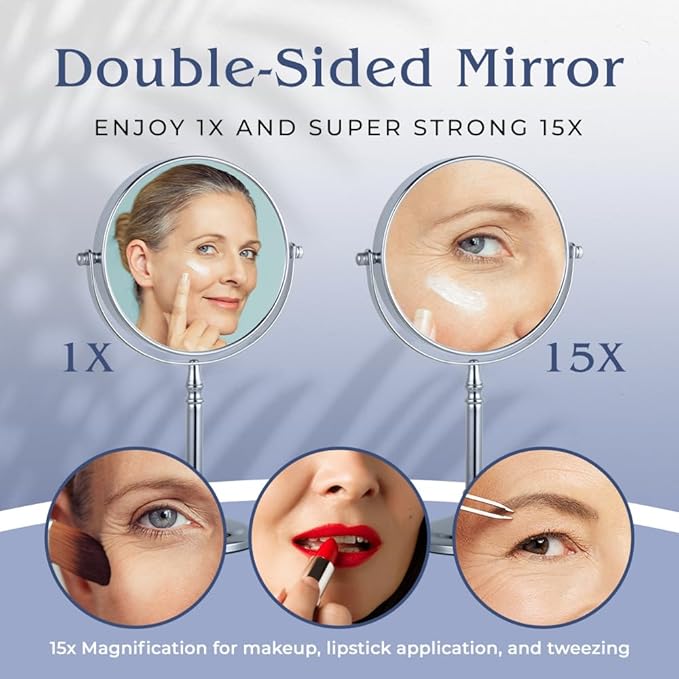 MIRRORVANA 15X Magnifying Makeup Mirror with Stand - Double-Sided 15X/1X Design - Suitable for Vanity Desk, Dressing Table, or Bathroom Countertop for Precise Make Up - 12" High x 6" Wide (Chrome)