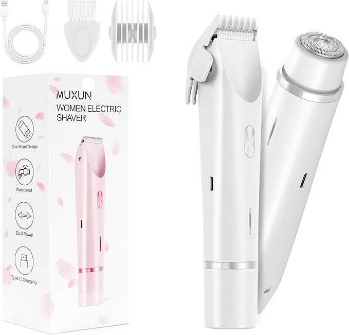 Bikini Trimmer for Women-2 in 1 Dual Head Electric Razors,USB Rechargeable Bikini Electric Shaver,IPX7 Waterproof Dry & Wet Use Body Hair Trimmer and Facial Hair Remover for Underarm Leg Body,White