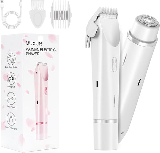 Bikini Trimmer for Women-2 in 1 Dual Head Electric Razors,USB Rechargeable Bikini Electric Shaver,IPX7 Waterproof Dry & Wet Use Body Hair Trimmer and Facial Hair Remover for Underarm Leg Body,White