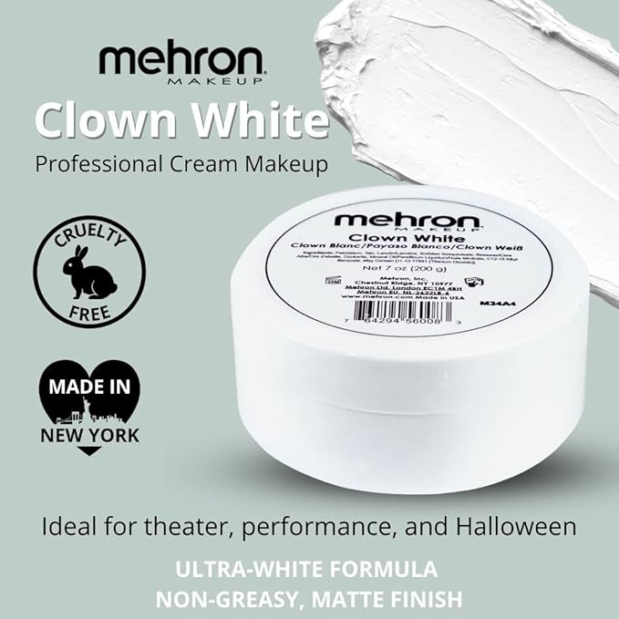 Mehron Makeup Clown White Professional Face Paint Cream Makeup | White Face Paint for Stage, Film, Cosplay, & Mime | Halloween Clown 7 oz (198g)