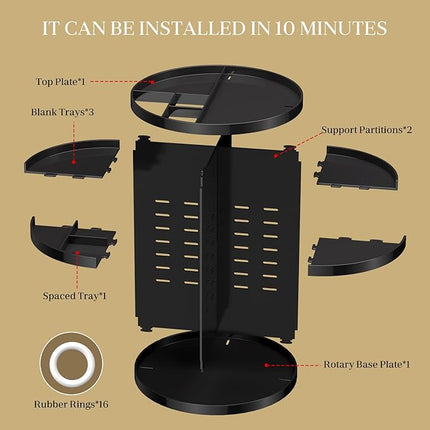 Makeup Organizer 360 rotating, Adjustable Skincare Organizers with Brush Holder, Cosmetics Display Cases for Vanity Bathroom Countertop Large Capacity Carousel Make up Caddy Shelf (Black)