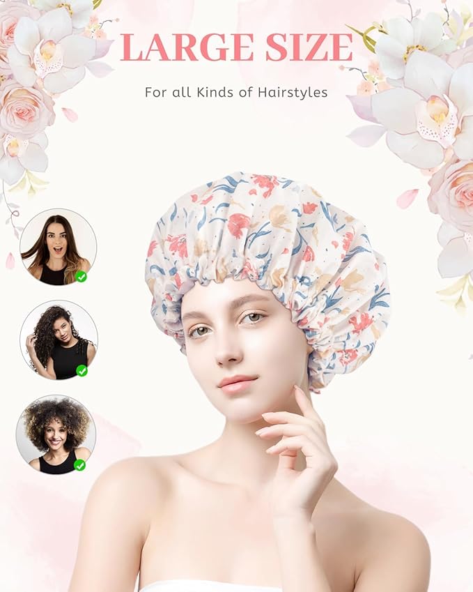 Aquior Shower Caps, Double Layer Waterproof Shower Cap for Women, Reusable Large Shower Cap for all Hair Lengths with EVA Lining, Soft Bath Shower Caps