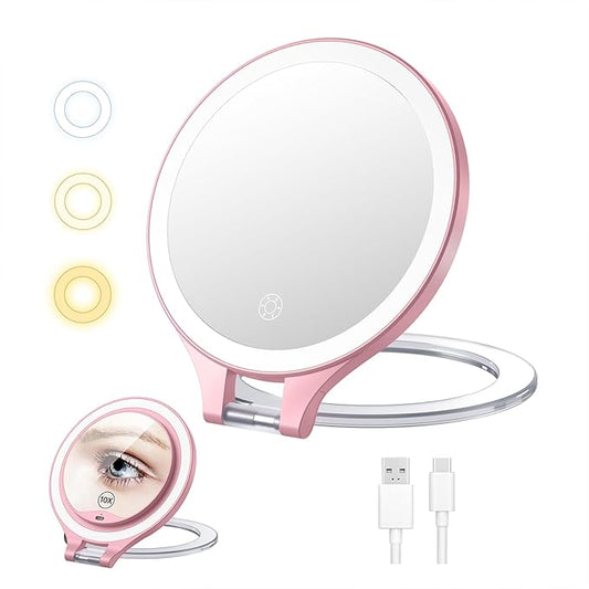 Luxspire Magnifying Mirror with Light, 10X / 1X Double Sided Makeup Mirror, Portable Travel Makeup Mirror with 3 Color Lights and Magnification, Foldable Handheld Lighted Mirror, Pink