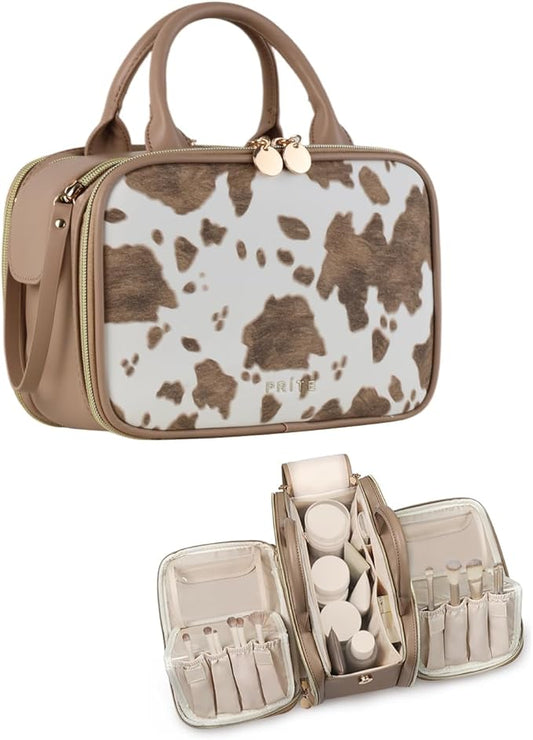 Prite Makeup Bag for Women, Large Capacity Waterproof Travel Cosmetic Organizer, Portable Open Flat Toiletry Bag with Free-standing Brush Holder and Handle(Cow Print Medium)