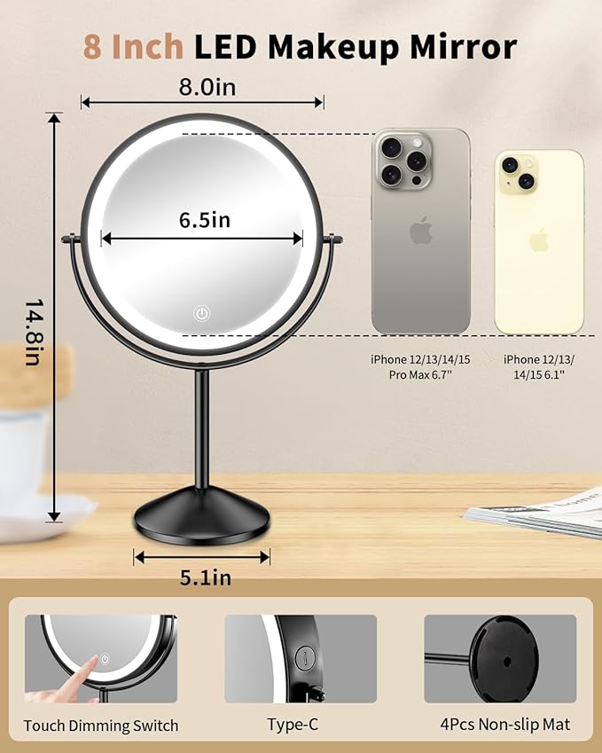 Gospire 8" Lighted Makeup Mirror with Magnification 10X/1X, 3 Color Lights & Dimmable Lighting, 360° Rotation Double Sided Rechargeable Cordless Vanity Cosmetic Standing LED Mirror for Makeup