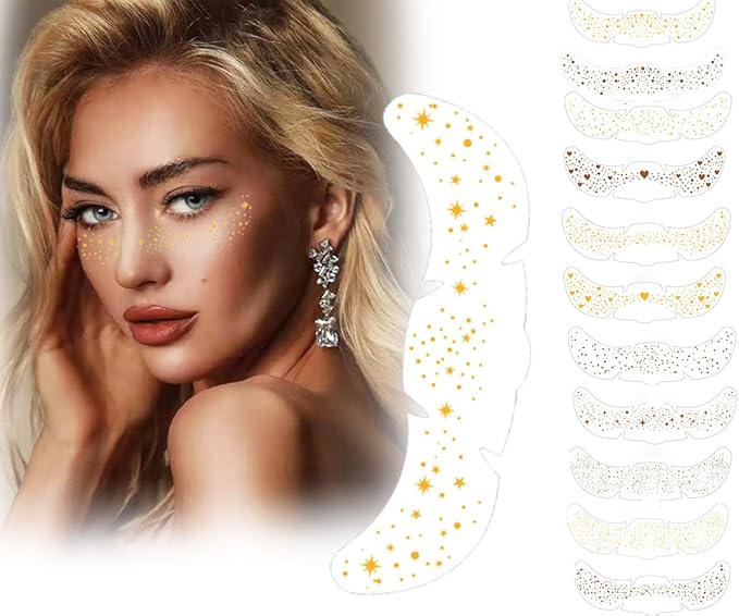 ACTHINK Face Glitter Freckles, Gold Glitter Freckles Face Tattoo Makeup Patches, Glitter Tattoo for Women Girls Make Up Costume Parties (6 pcs Gold，6 pcs Brown)