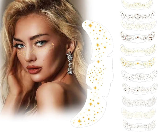 ACTHINK Face Glitter Freckles, Gold Glitter Freckles Face Tattoo Makeup Patches, Glitter Tattoo for Women Girls Make Up Costume Parties (6 pcs Gold，6 pcs Brown)