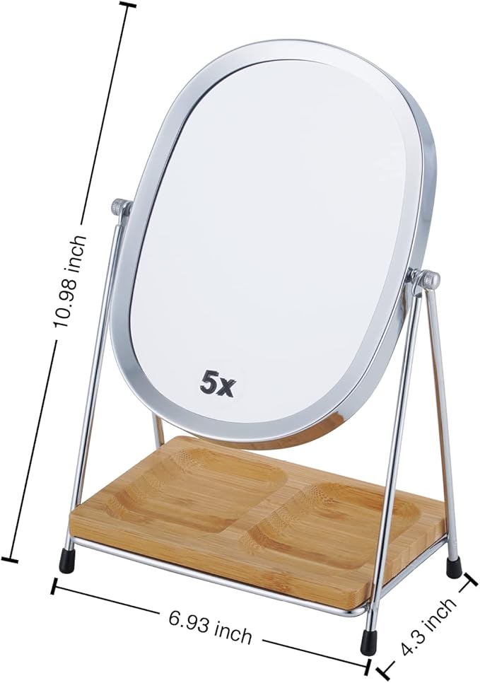 JOYOEIKON Tabletop 5x/1x Magnifying Makeup Mirror with Squared Bamboo Tray Small Desk Mirror 360° Rotation Vanity Mirror with Stand Desktop Cosmetic Mirror