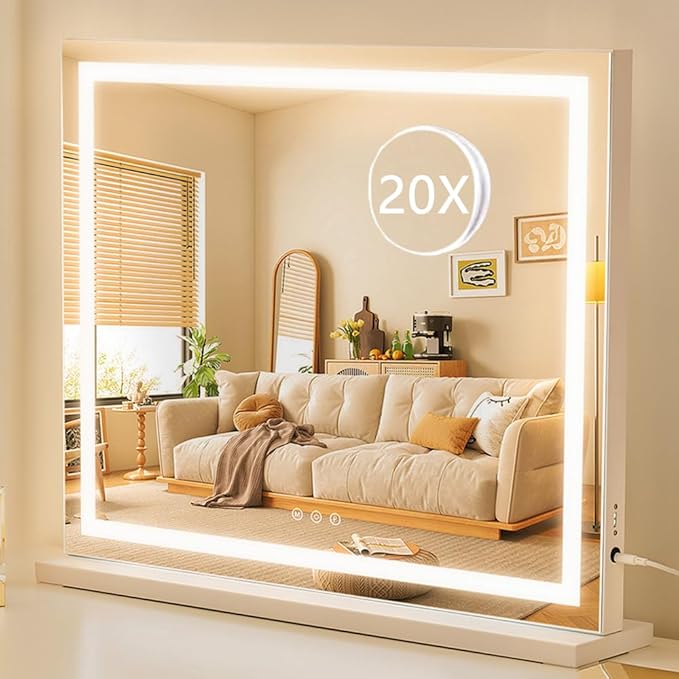 HIEEY Lighted Makeup Mirror, Hollywood Vanity Mirror with Lights, Three Color Lighting Modes, with 4in 20X Magnification Mirror, Smart Touch Control, 360°Rotation (22.8in,White)