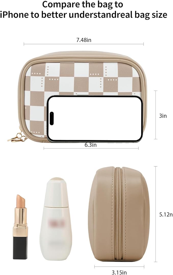 RIGHT AWAY Checkered Makeup Bag for Purse,Small Cosmetic Bag Organizer for Women, Travel Make Up Pouch Waterproof Toiletry Bag Cute Makeup Case for Travel Accessories(Khaki Checkerboard)