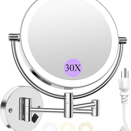 Wall Mounted Makeup Mirror with Lights, 30X/1X Double-Sided Magnifying, Plug-in Lighted Vanity Mirror with 3 Color Modes, Dimmable Brightness, 360° Swivel Extendable Arm for Bathroom & Grooming