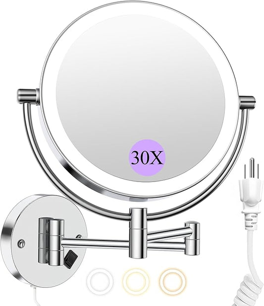 Wall Mounted Makeup Mirror with Lights, 30X/1X Double-Sided Magnifying, Plug-in Lighted Vanity Mirror with 3 Color Modes, Dimmable Brightness, 360° Swivel Extendable Arm for Bathroom & Grooming