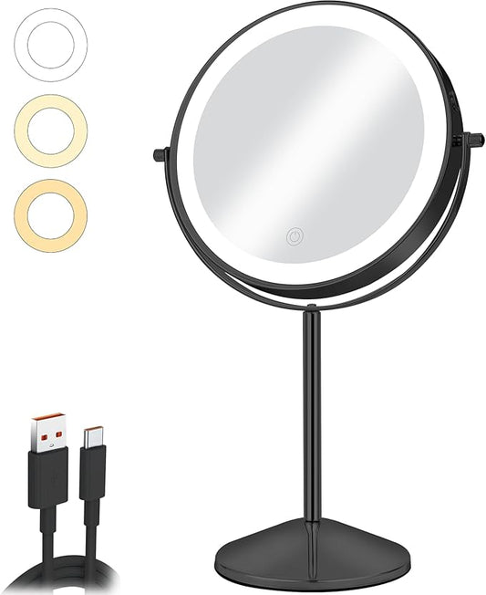 8" Vanity Mirror with Lights Rechargeable, 1X/10X Magnifying Makeup Mirror with Touch Screen, 54 LED Adjustable Brightness, 3 Color Modes, 360° Rotation for Tabletop & Bedroom