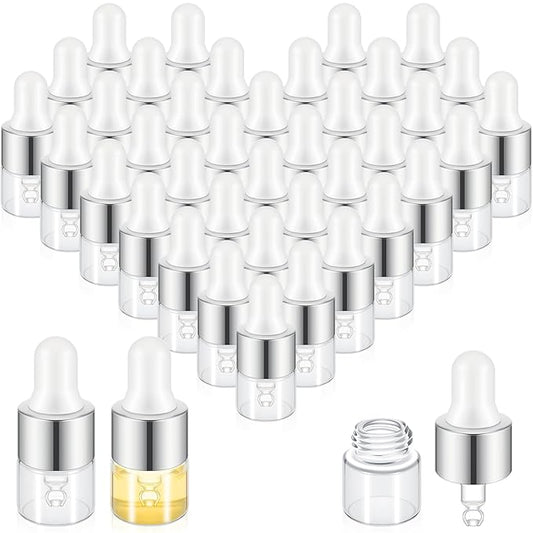 100 Pcs Mini Glass Oil Dropper Bottle Bulk, Clear Essential Small Empty Bottles Sample Containers Perfume Liquid Vials with Cap for Traveling (1 ml,Silver)