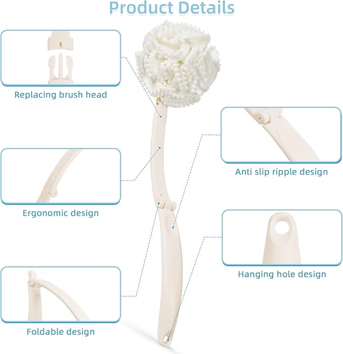 Loofah Sponge with Handle,Back Scrubber Brush for Shower, Lotion Applicator for Back,3 in 1 Shower Kit (White loofah)