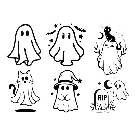 6 Designs Cute Ghost Temporary Tattoos – Halloween Fake Tattoos for Adults, Fun Cartoon Ghost, Cat & Spooky RIP Body Art Tattoo Stickers, Realistic & Long Lasting for 2 Weeks