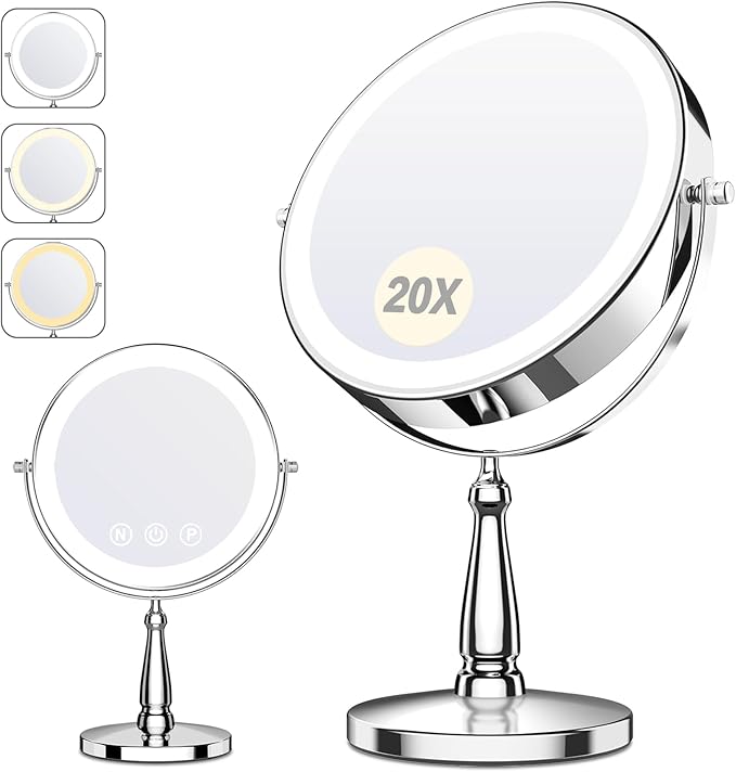 Makeup Mirror with Lights, 20X Magnifying Mirror with Light for Women, 5000 mAh Vanity Mirror with Lights and 3 Colors, 2-Sided Lighted Magnified Mirrors for Delicate Makeup, 9 Inch