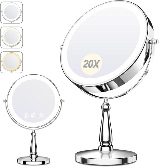 Makeup Mirror with Lights, 20X Magnifying Mirror with Light for Women, 5000 mAh Vanity Mirror with Lights and 3 Colors, 2-Sided Lighted Magnified Mirrors for Delicate Makeup, 9 Inch