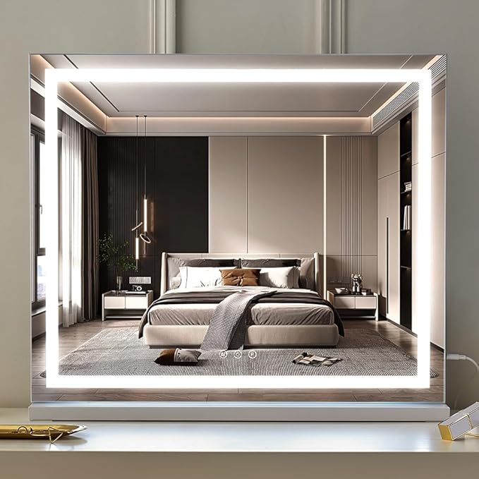 HIEEY Lighted Makeup Mirror, Hollywood Vanity Mirror with Lights, Three Color Lighting Modes, with 4in 20X Magnification Mirror, Smart Touch Control, 360°Rotation (22.8in,White)