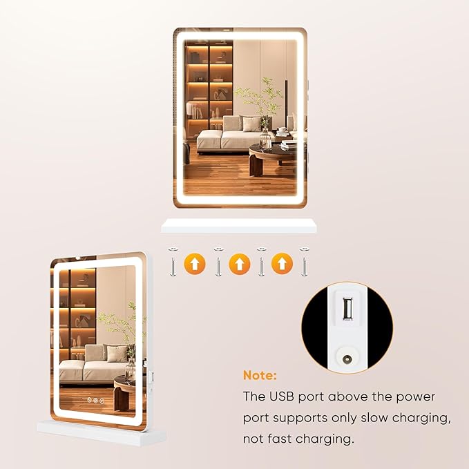 Sweetcrispy 17"x13" LED Vanity Mirror with Lights, Dimmable 3 Color Modes Makeup Mirror with Memory Function, USB Charging, Aluminum Frame, Lighted Mirror for Desk or Bedroom