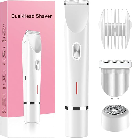 Bikini Trimmer for Women Electric Razors for Women, Double Head Dual Purpose, IPX7 Waterproof Hair Razor, Ceramic Blade Hair Trimmer Wet & Dry Use, Painless Electric Shaver for Facial and Body (White)