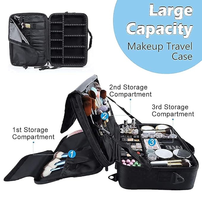 gzcz Travel Makeup Train Case 13.5 Inches Professional Makeup Bag Portable Cosmetic Case Organizer Brush Artist Storage Bag With Adjustable Dividers for Make Up Accessories (M-Black)