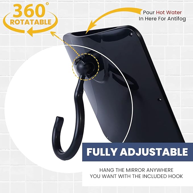 MIRRORVANA Dual Anti Fog Shower Mirror for Shaving with Hook for Hanging and Fogless Shatterproof Surface - Fill Back Chamber/Reservoir with Hot Water for Fog Free Shave (8" x 7", Black)