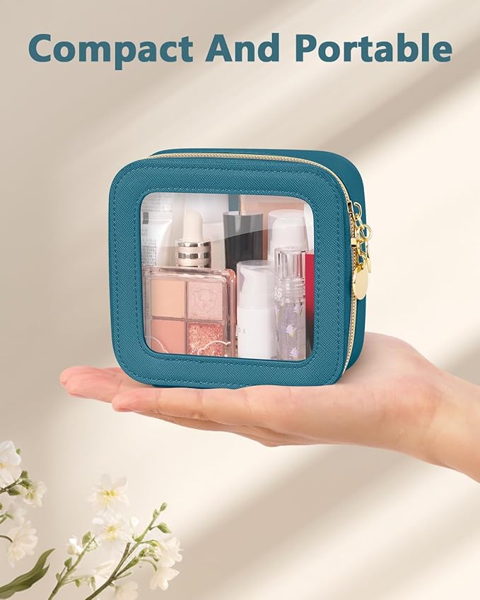 Mini Makeup Bag, Small Makeup Bag for Purse, Waterproof Clear Makeup bag, Leather Cosmetic Bag, Square Make Up Bag Pouch, Toiletry Bag for Travel, Car and Women, Blue