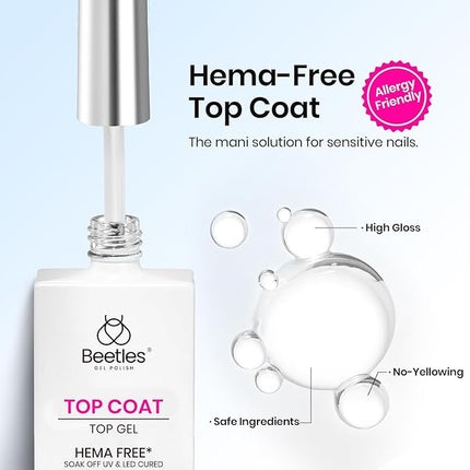 Beetles HEMA Free Gel Top Coat, 15ml No Wipe Top Coat Gel Nail Polish Clear Color Glossy Shine Nail Protection Long Lasting Soak Off Nail Lamp