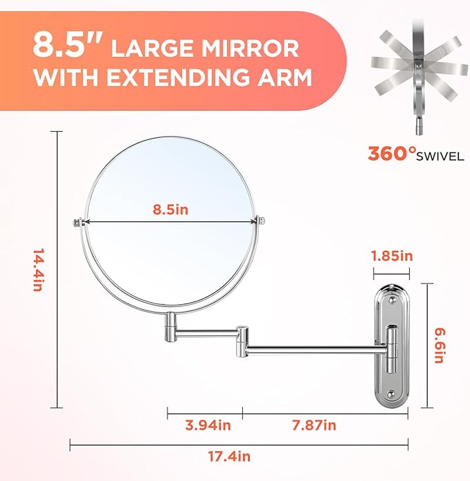 Wall Mounted Makeup Mirror - 8.5in Double Sided Makeup Mirror with Extended Arm,1X/15X Magnifying Mirror for Makeup or Shaving - Chrome, No Lights